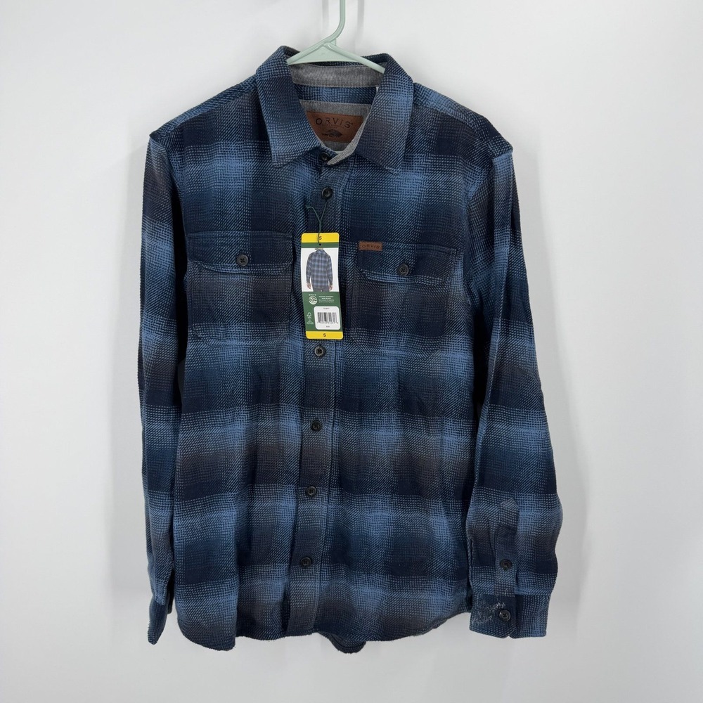 Orvis Flannel Shirt Mens Small Blue Plaid Long Sleeve Heavyweight Cotton